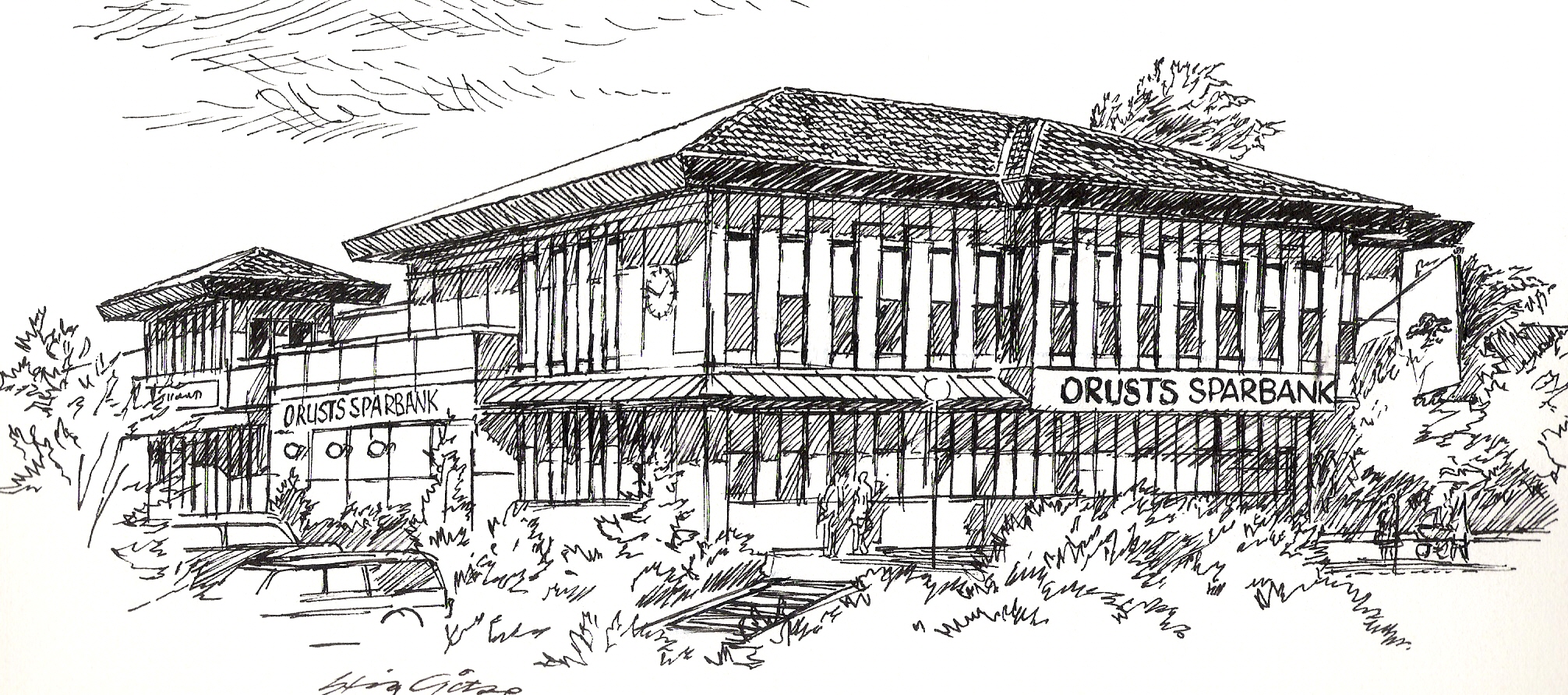 Handritad illustration av Orusts Sparbanks kontorsbyggnad.